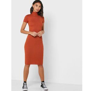 Forever 21 - High Neck Ribbed Midi Dress | Burnt Orange | Size Small